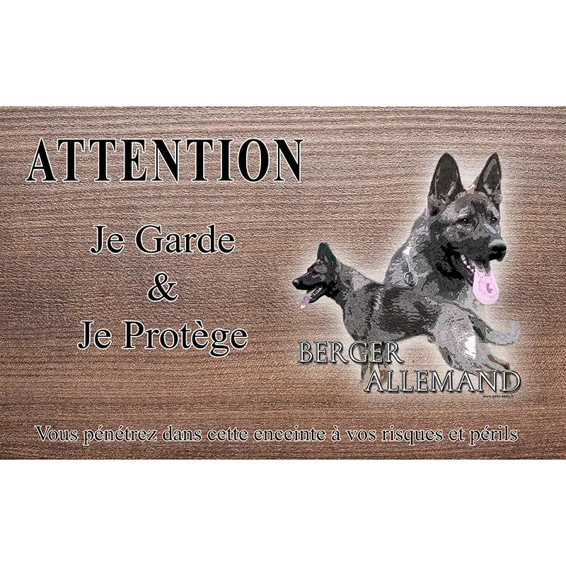 Plaque attention au chien berger allemand, fond chêne
