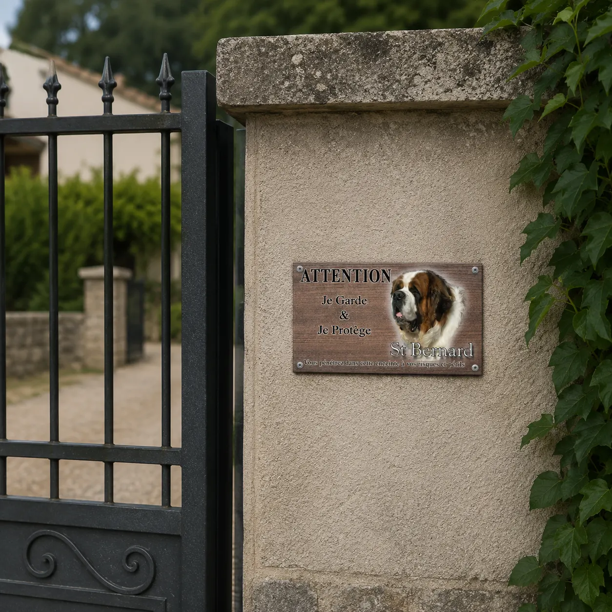 Plaque attention au chien saint-bernard, fond bois, posée sur un pilier en pierre couvert de lierre