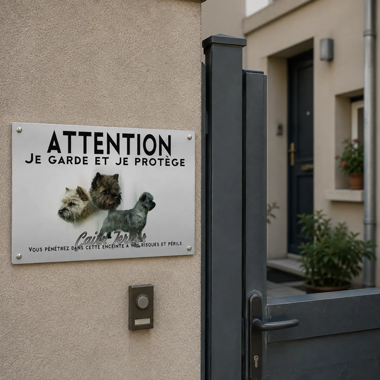 Plaque attention au chien de la gamme impact au format 150 mm, posée sur un mur crépi près d’une sonnette