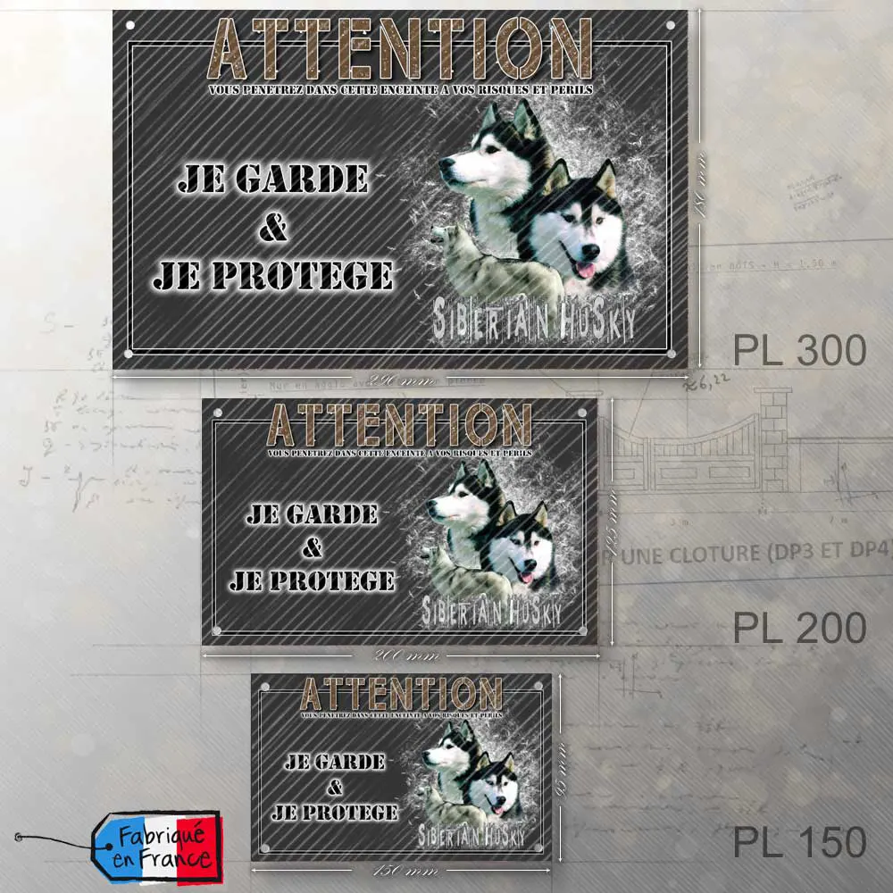 Les trois tailles de plaque attention au chien présentées côte à côte, de la plus grande à la plus petite