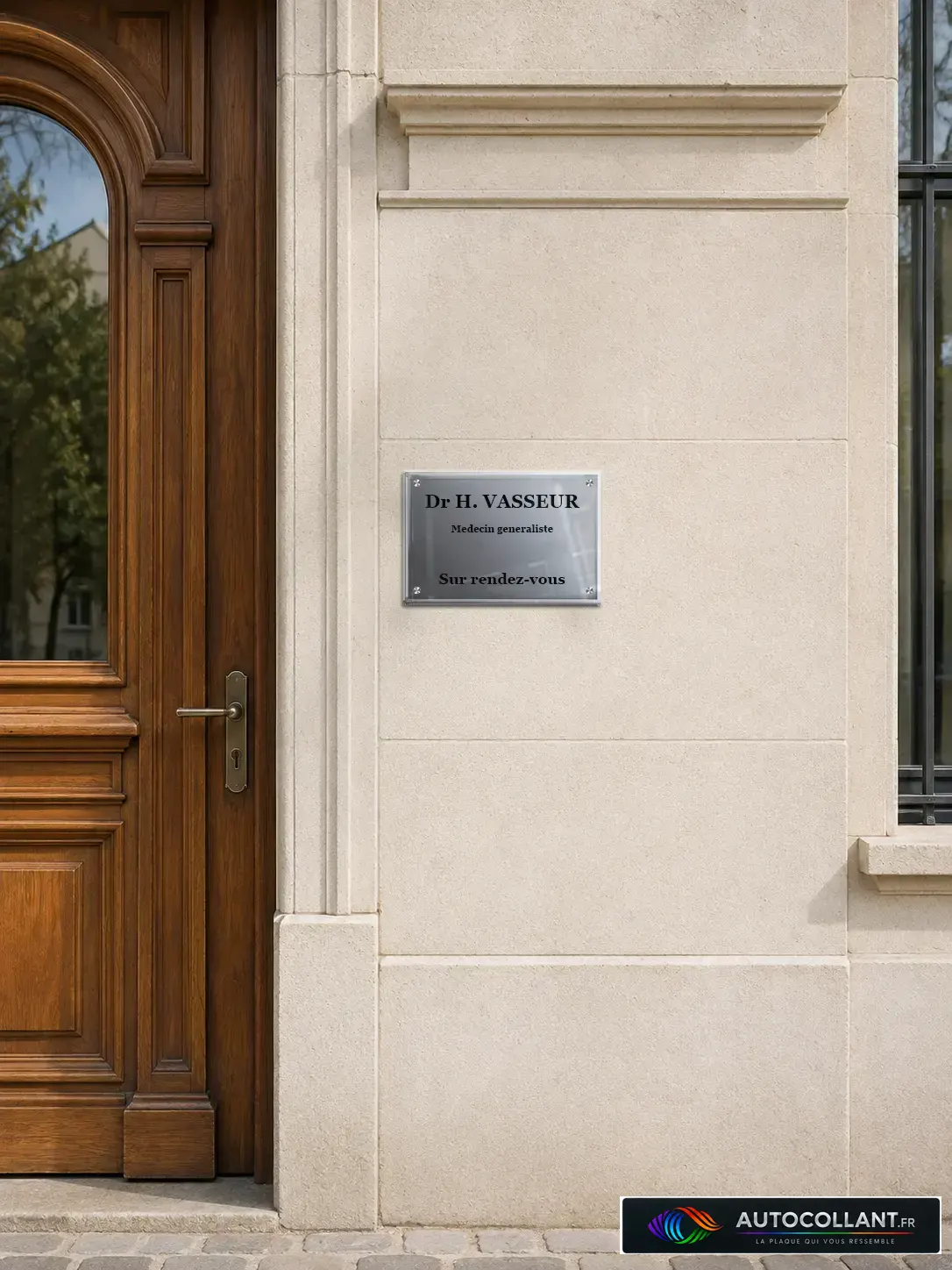 Façade de cabinet en pierre de taille, à côté d’une porte d’entrée en bois